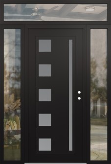 Diamond C3 64" x 96" black/white frosted Glass Panel black LHI with 2 Sidelites and Transom clear Glass