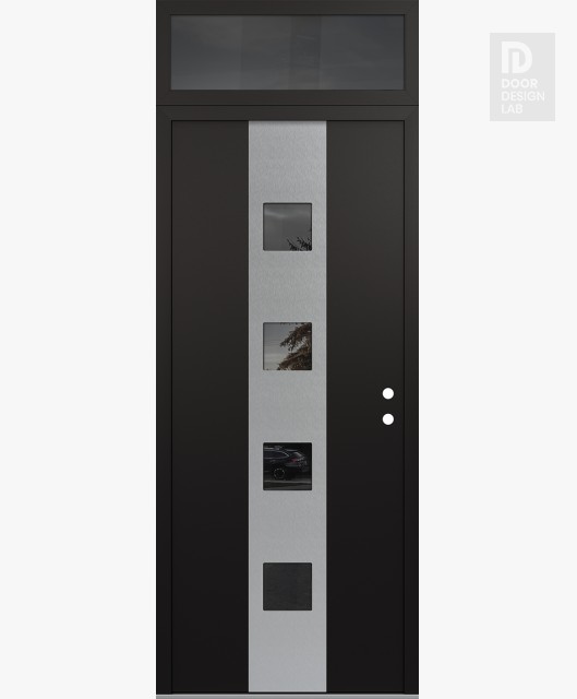 Modern Steel Front Door DIAMOND A12 36" X 96" BLACK/BLACK MIRRORED GLASS PANEL STAINLESS STEEL LHI WITH TRANSOM MIRRORED GLASS