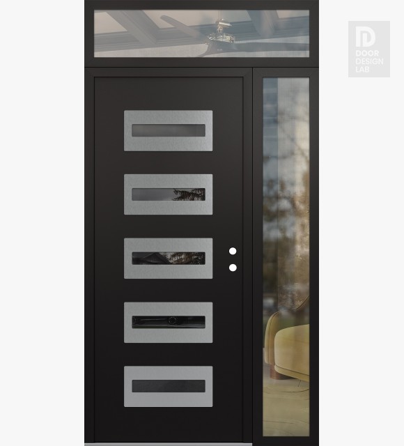 Modern Steel Front Door Diamond D4 50" x 96" black/black mirrored Glass Panel stainless steel LHI with Sidelite and Transom clear Glass