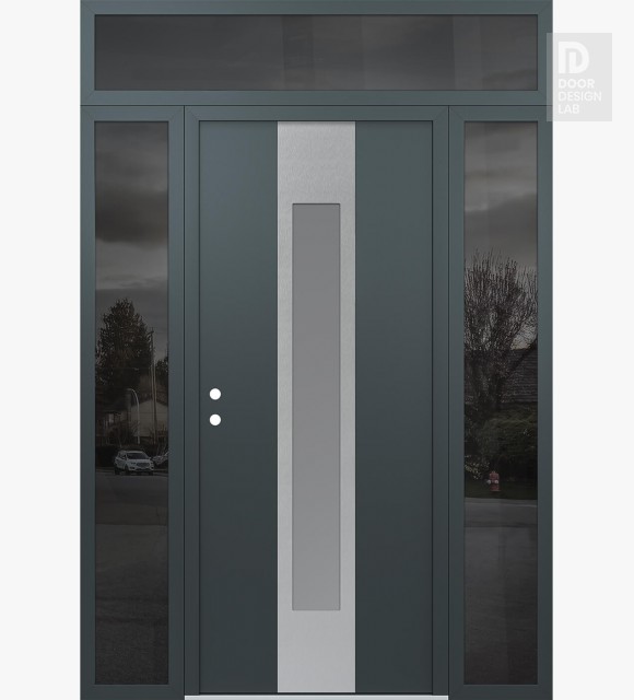 Modern Steel Front Door DIAMOND A1 64" X 96" ANTHRACITE/ANTHRACITE FROSTED GLASS PANEL STAINLESS STEEL RHI WITH 2 SIDELITES AND TRANSOM MIRRORED GLASS