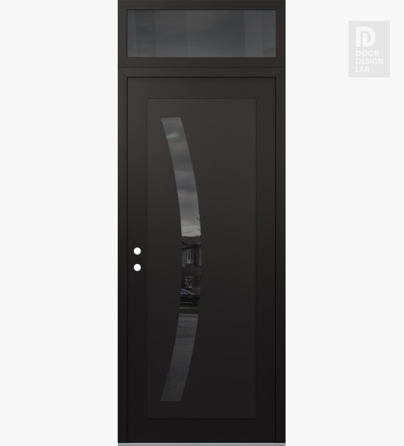 Modern Steel Front Door Diamond C4 36" x 96" black/black mirrored Glass Panel black RHI with Transom mirrored Glass