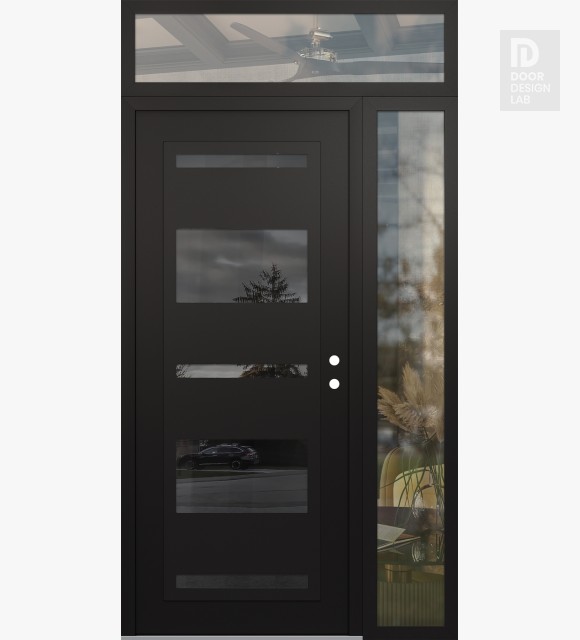 Modern Steel Front Door Diamond C10 48" x 96" black/black mirrored Glass Panel black LHI with Sidelite and Transom clear Glass
