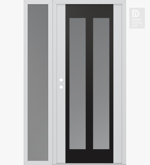 Modern Steel Front Door Diamond C14 48" x 80" white/white frosted Glass Panel black RHI with Sidelite frosted Glass