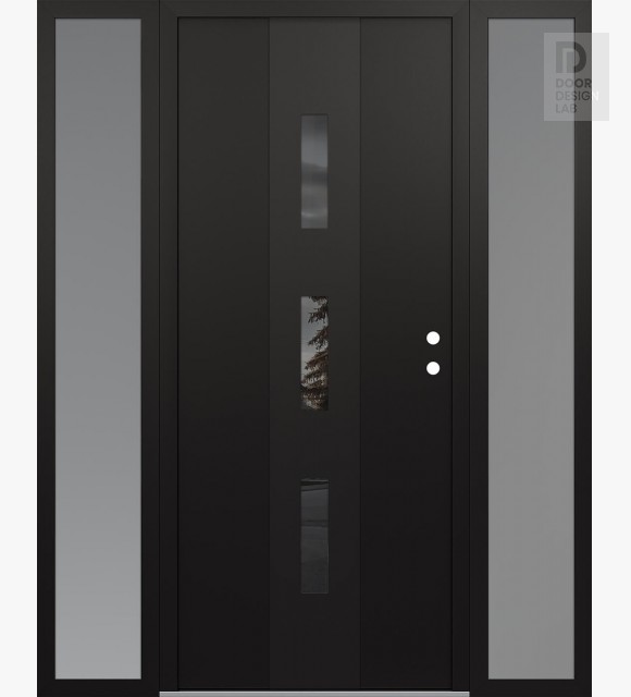 Modern Steel Front Door DIAMOND A7 64" X 80" BLACK/BLACK MIRRORED GLASS PANEL BLACK LHI WITH 2 SIDELITES FROSTED GLASS