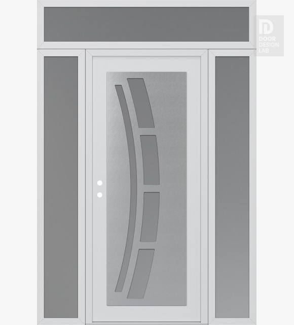 Modern Steel Front Door Diamond C12 64" x 96" white/white frosted Glass Panel stainless steel RHI with 2 Sidelites and Transom frosted Glass