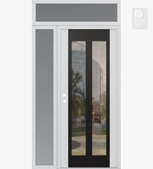 Modern Steel Front Door Diamond C14 52" x 96" white/white clear Glass Panel black RHI with Sidelite and Transom frosted Glass