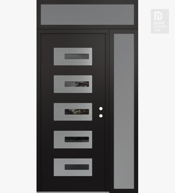 Modern Steel Front Door Diamond D6 48" x 96" black/black mirrored Glass Panel stainless steel LHI with Sidelite and Transom frosted Glass