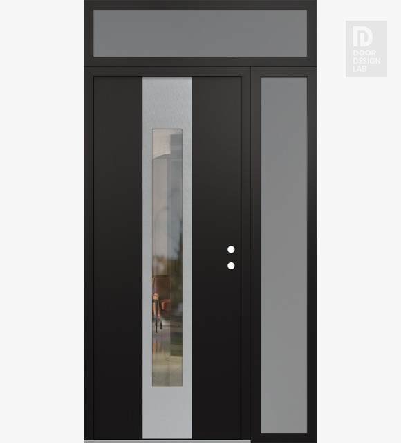 Modern Steel Front Door DIAMOND A1 52" X 96" BLACK/BLACK CLEAR GLASS PANEL STAINLESS STEEL LHI WITH SIDELITE AND TRANSOM FROSTED GLASS