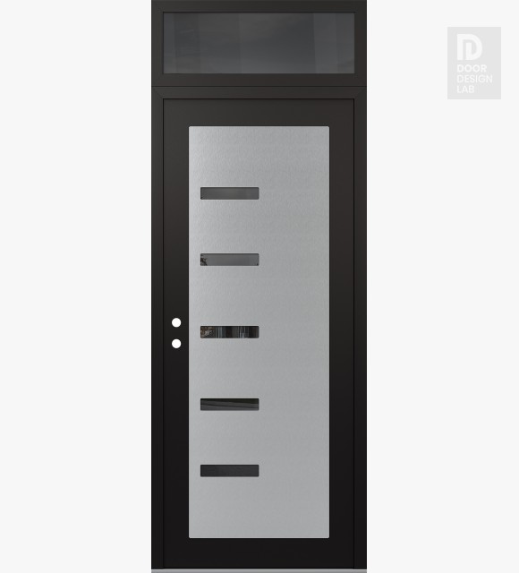 Modern Steel Front Door Diamond C8 36" x 96" black/black mirrored Glass Panel stainless steel RHI with Transom mirrored Glass