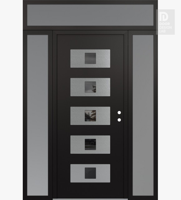 Modern Steel Front Door Diamond D8 64" x 96" black/black mirrored Glass Panel stainless steel LHI with 2 Sidelites and Transom frosted Glass