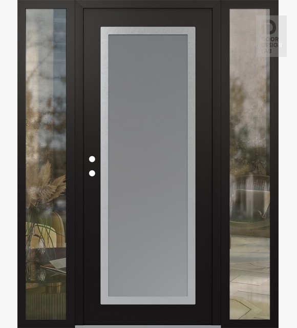 Modern Steel Front Door Diamond C1 68" x 80" black/white frosted Glass Panel stainless steel RHI with 2 Sidelites clear Glass