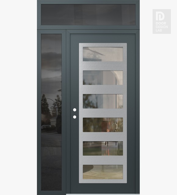 Modern Steel Front Door Diamond C9 52" x 96" anthracite/anthracite clear Glass Panel stainless steel RHI with Sidelite and Transom mirrored Glass