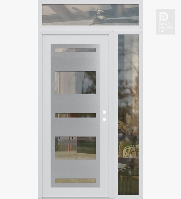 Modern Steel Front Door Diamond C10 48" x 96" white/white clear Glass Panel stainless steel LHI with Sidelite and Transom clear Glass