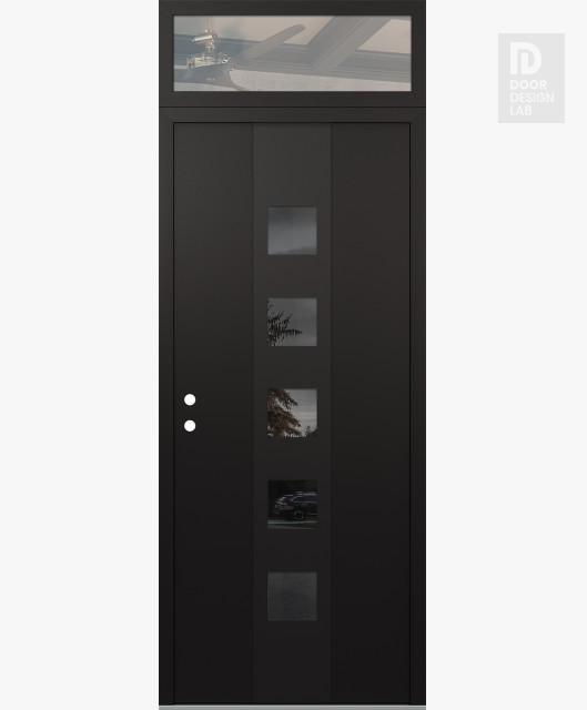 Modern Steel Front Door DIAMOND A13 36" X 96" BLACK/BLACK MIRRORED GLASS PANEL BLACK RHI WITH TRANSOM CLEAR GLASS