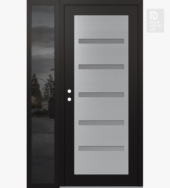 Modern Steel Front Door Diamond C7 48" x 80" black/white frosted Glass Panel stainless steel RHI with Sidelite mirrored Glass