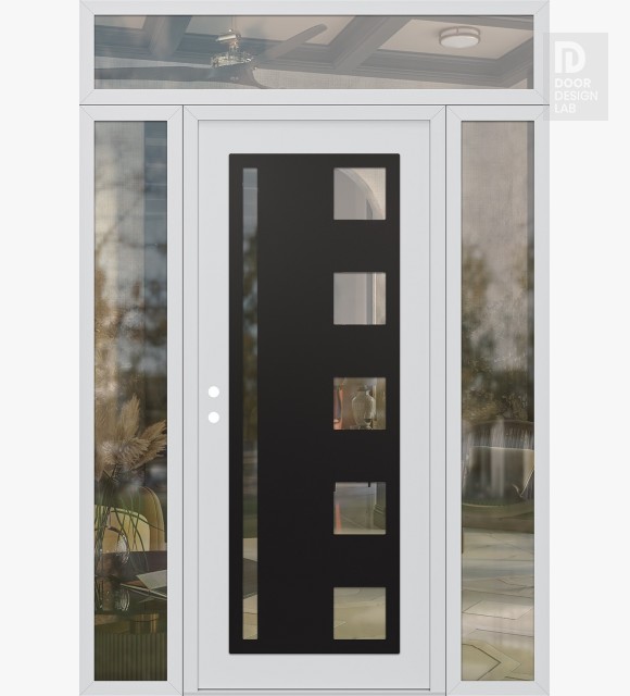 Modern Steel Front Door Diamond C3 60" x 96" white/white clear Glass Panel black RHI with 2 Sidelites and Transom clear Glass