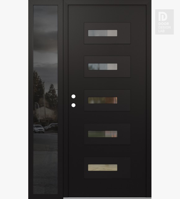 Modern Steel Front Door Diamond D6 50" x 80" black/black clear Glass Panel black RHI with Sidelite mirrored Glass