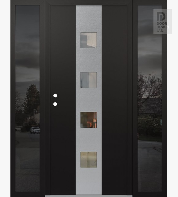 Modern Steel Front Door DIAMOND A12 64" X 80" BLACK/BLACK CLEAR GLASS PANEL STAINLESS STEEL RHI WITH 2 SIDELITES MIRRORED GLASS