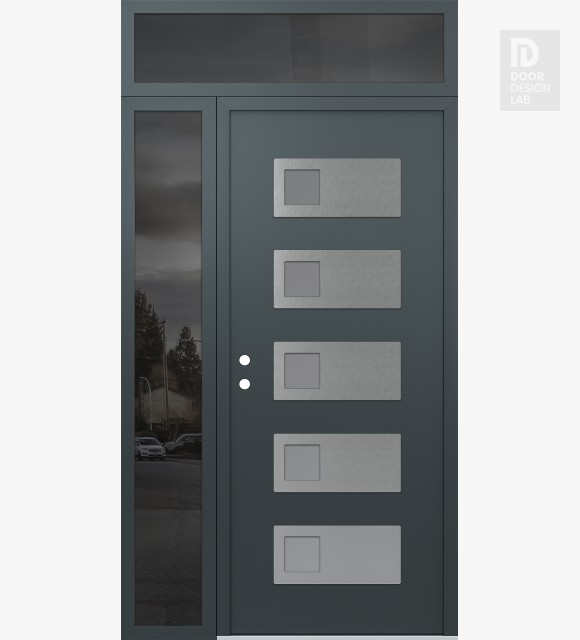 Modern Steel Front Door Diamond D2 52" x 96" anthracite/anthracite frosted Glass Panel stainless steel RHI with Sidelite and Transom mirrored Glass