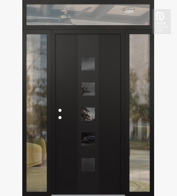 Modern Steel Front Door DIAMOND A13 64" X 96" BLACK/BLACK MIRRORED GLASS PANEL BLACK RHI WITH 2 SIDELITES AND TRANSOM CLEAR GLASS