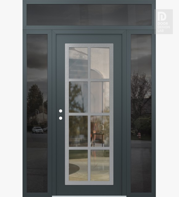 Modern Steel Front Door Diamond C16 60" x 96" anthracite/anthracite clear Glass Panel stainless steel RHI with 2 Sidelites and Transom mirrored Glass
