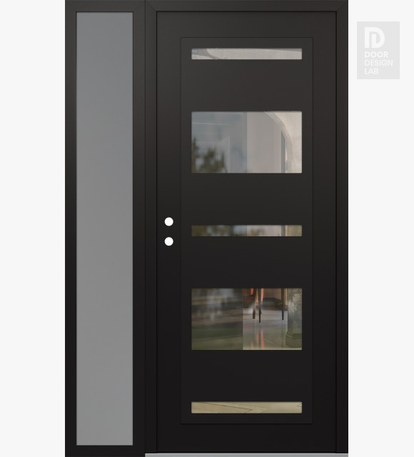 Modern Steel Front Door Diamond C10 52" x 80" black/black clear Glass Panel black RHI with Sidelite frosted Glass