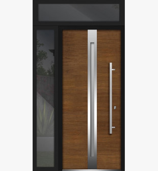 Front Exterior Prehung Steel Door / Deux 1744 Natural Oak / Side and Top Exterior Black Window / Stainless Inserts Single Modern Painted-W36+16" x H80+16"-Left-hand Inswing