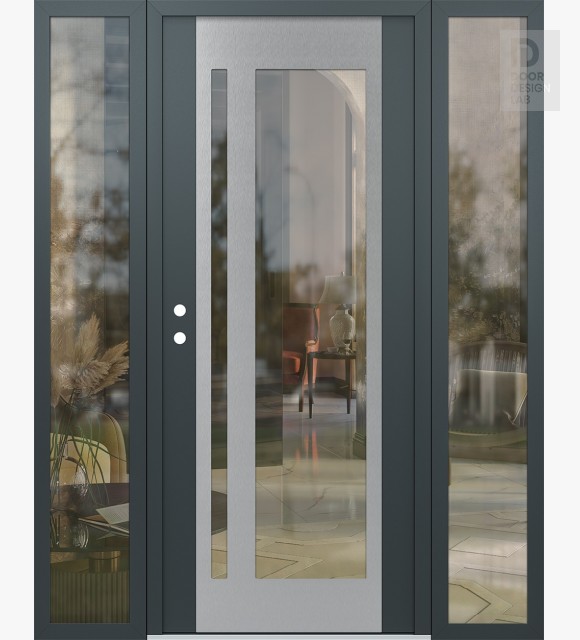 Modern Steel Front Door Diamond C15 64" x 80" anthracite/anthracite clear Glass Panel stainless steel RHI with 2 Sidelites clear Glass