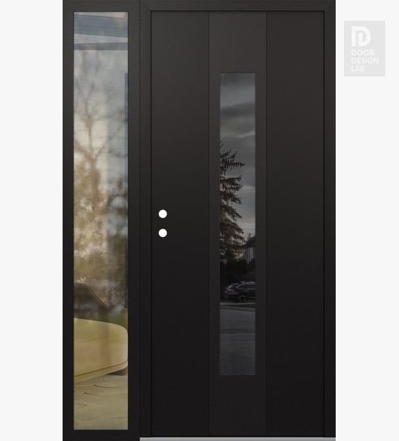 Modern Steel Front Door DIAMOND A1 48" X 80" BLACK/BLACK MIRRORED GLASS PANEL BLACK RHI WITH SIDELITE CLEAR GLASS