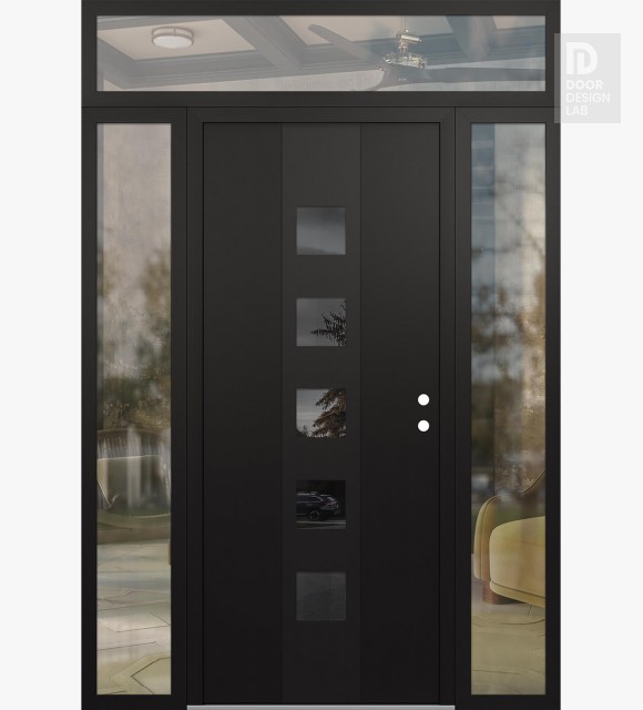 Modern Steel Front Door DIAMOND A13 68" X 96" BLACK/BLACK MIRRORED GLASS PANEL BLACK LHI WITH 2 SIDELITES AND TRANSOM CLEAR GLASS
