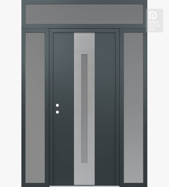 Modern Steel Front Door DIAMOND A2 64" X 96" ANTHRACITE/ANTHRACITE FROSTED GLASS PANEL STAINLESS STEEL RHI WITH 2 SIDELITES AND TRANSOM FROSTED GLASS