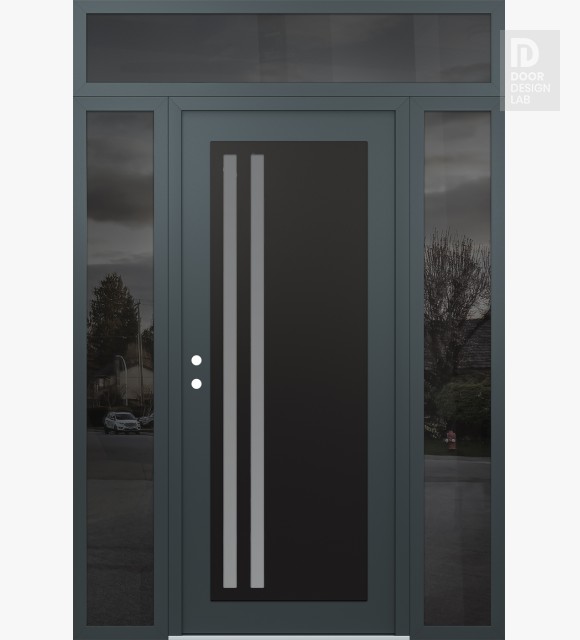 Modern Steel Front Door Diamond C6 60" x 96" anthracite/anthracite frosted Glass Panel black RHI with 2 Sidelites and Transom mirrored Glass