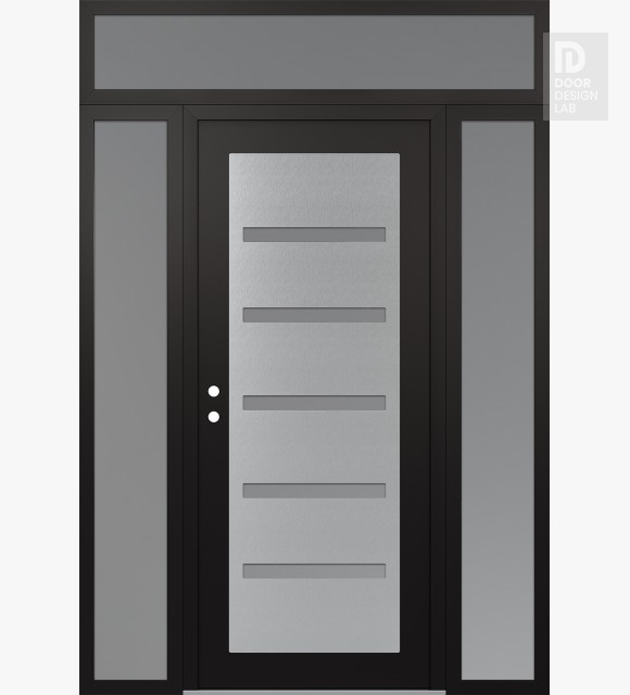 Modern Steel Front Door Diamond C7 64" x 96" black/white frosted Glass Panel stainless steel RHI with 2 Sidelites and Transom frosted Glass