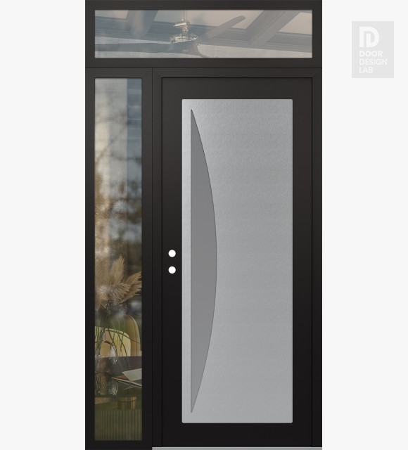 Modern Steel Front Door Diamond C13 48" x 96" black/white frosted Glass Panel stainless steel RHI with Sidelite and Transom clear Glass
