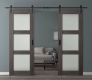 DOUBLE BARN DOOR PALLADIO 3 LITE VETRO GRAY OAK 72" X 80" X 1 9/16" TEMPERED FROSTED GLASS BLACK HARDWARE