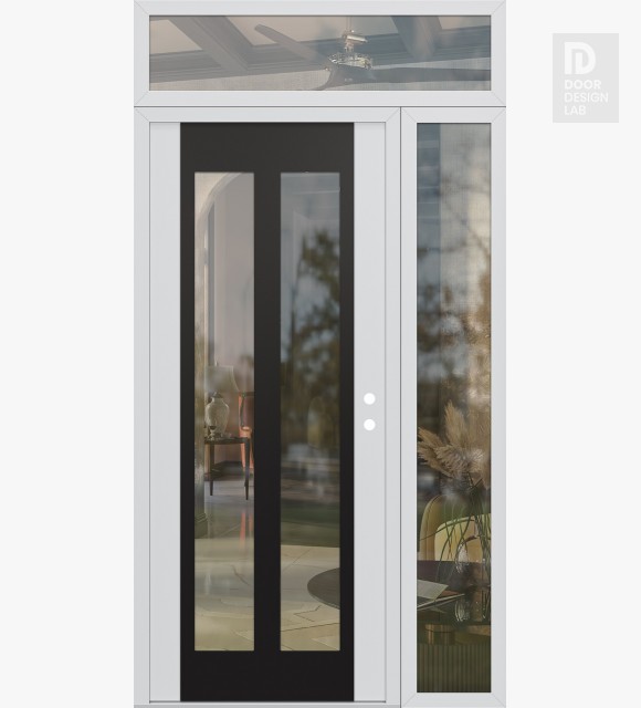 Modern Steel Front Door Diamond C14 52" x 96" white/white clear Glass Panel black LHI with Sidelite and Transom clear Glass