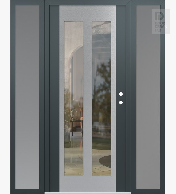 Modern Steel Front Door Diamond C14 68" x 80" anthracite/anthracite clear Glass Panel stainless steel LHI with 2 Sidelites frosted Glass