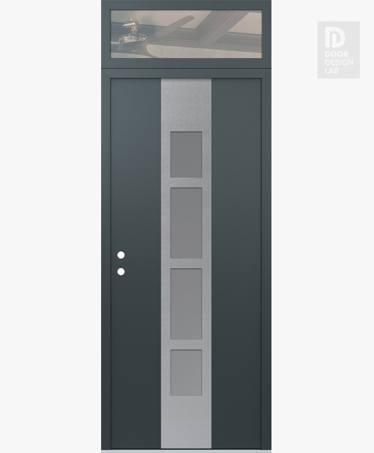 Modern Steel Front Door DIAMOND A10 36" X 96" ANTHRACITE/ANTHRACITE FROSTED GLASS PANEL STAINLESS STEEL RHI WITH TRANSOM CLEAR GLASS