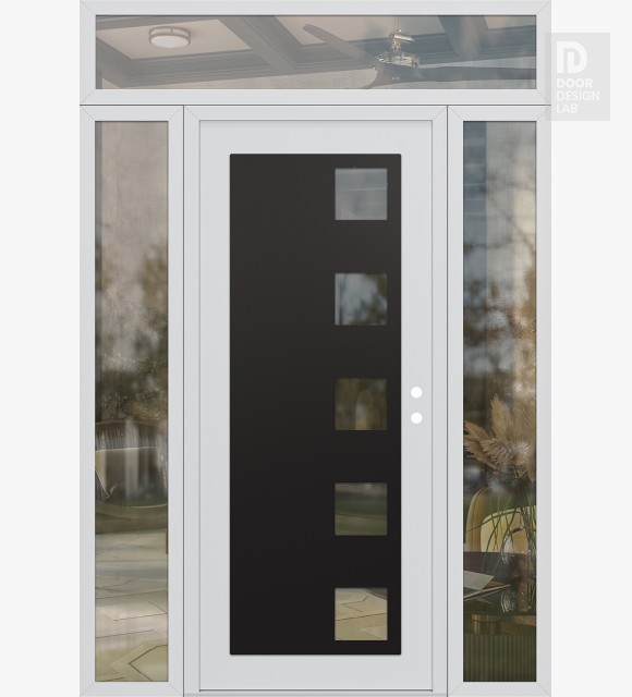 Modern Steel Front Door Diamond C5 64" x 96" white/white clear Glass Panel black LHI with 2 Sidelites and Transom clear Glass