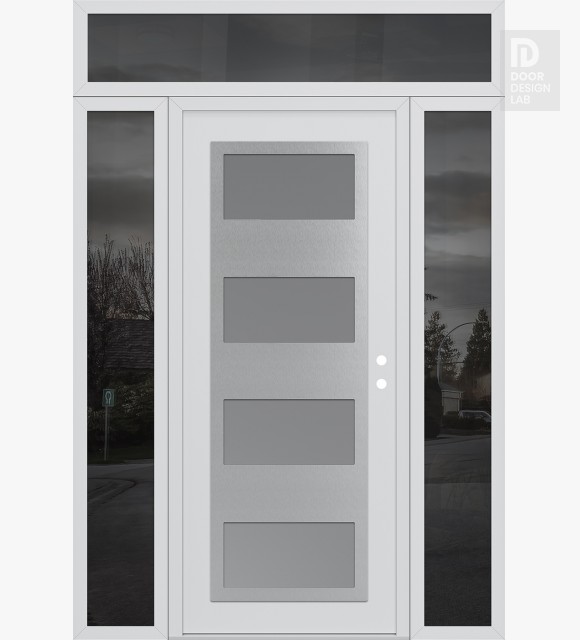Modern Steel Front Door Diamond C2 60" x 96" white/white frosted Glass Panel stainless steel LHI with 2 Sidelites and Transom mirrored Glass