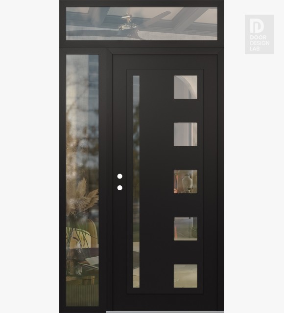 Modern Steel Front Door Diamond C3 48" x 96" black/black clear Glass Panel black RHI with Sidelite and Transom clear Glass