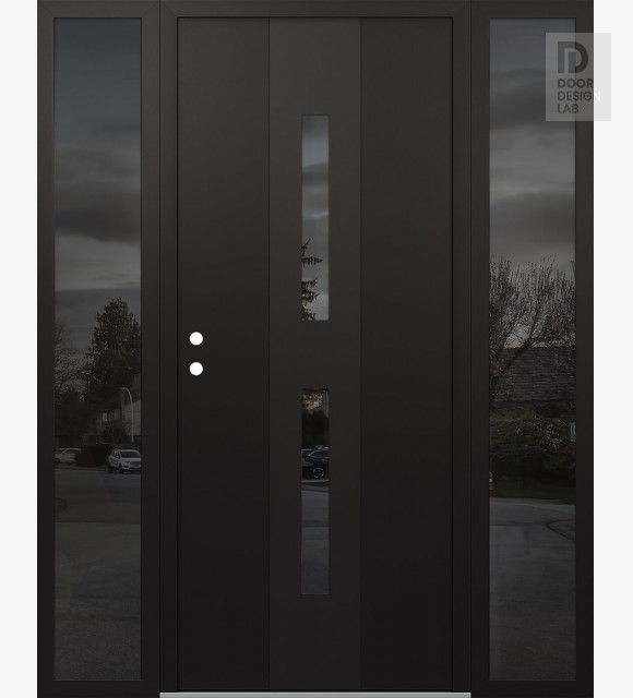 Modern Steel Front Door DIAMOND A6 64" X 80" BLACK/BLACK MIRRORED GLASS PANEL BLACK RHI WITH 2 SIDELITES MIRRORED GLASS
