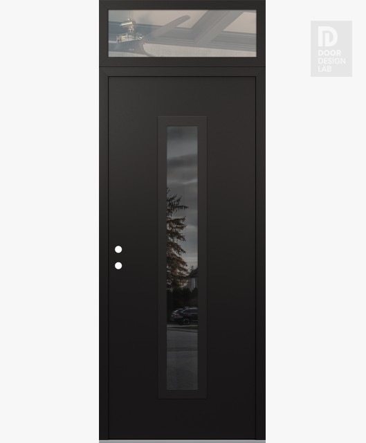 Modern Steel Front Door DIAMOND A11 36" X 96" BLACK/BLACK MIRRORED GLASS PANEL BLACK RHI WITH TRANSOM CLEAR GLASS