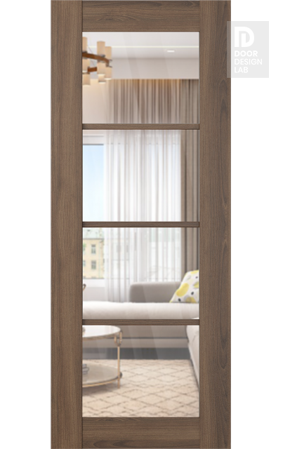 DOOR SLAB AVON 4 LITE CLEAR VETRO PECAN NUTWOOD 18" X 92 1/2" X 1 3/4" TEMPERED CLEAR GLASS