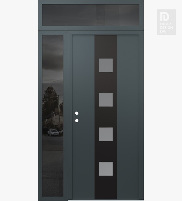 Modern Steel Front Door DIAMOND A12 50" X 96" ANTHRACITE/ANTHRACITE FROSTED GLASS PANEL BLACK RHI WITH SIDELITE AND TRANSOM MIRRORED GLASS