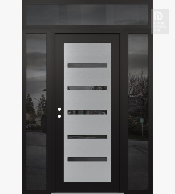 Modern Steel Front Door Diamond C7 60" x 96" black/black mirrored Glass Panel stainless steel RHI with 2 Sidelites and Transom mirrored Glass