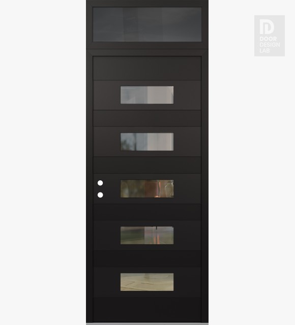 Modern Steel Front Door Diamond D5 36" x 96" black/black clear Glass Panel black RHI with Transom mirrored Glass