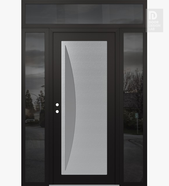 Modern Steel Front Door Diamond C13 68" x 96" black/white frosted Glass Panel stainless steel RHI with 2 Sidelites and Transom mirrored Glass