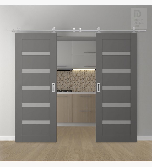 DOUBLE BARN DOOR AVON 07-04 VETRO GRAY MATTE 64" X 96" X 1 3/4" STAINLESS STEEL HARDWARE