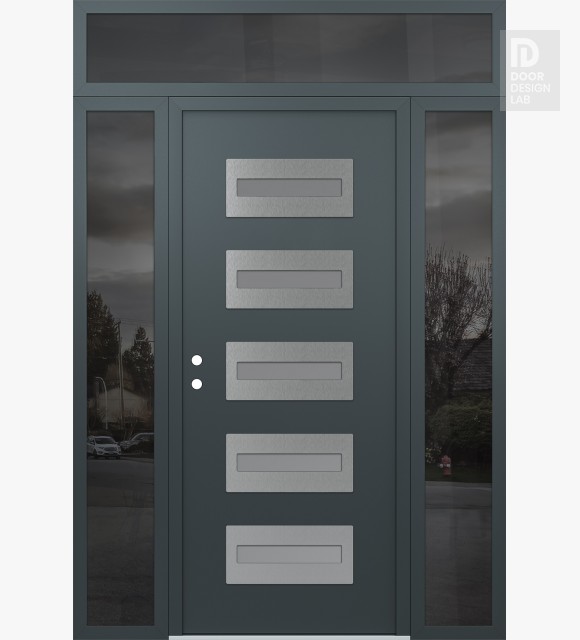 Modern Steel Front Door Diamond D4 64" x 96" anthracite/anthracite frosted Glass Panel stainless steel RHI with 2 Sidelites and Transom mirrored Glass